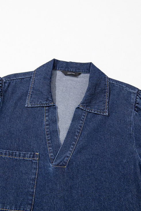 V Neck Collared Pocket Denim Ruffle Hem Mini Dress