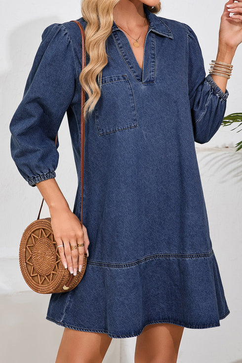 V Neck Collared Pocket Denim Ruffle Hem Mini Dress