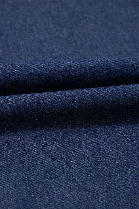 V Neck Collared Pocket Denim Ruffle Hem Mini Dress