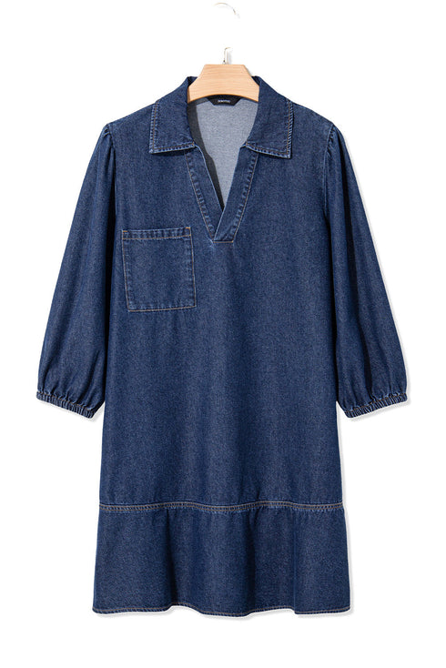V Neck Collared Pocket Denim Ruffle Hem Mini Dress
