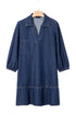 V Neck Collared Pocket Denim Ruffle Hem Mini Dress