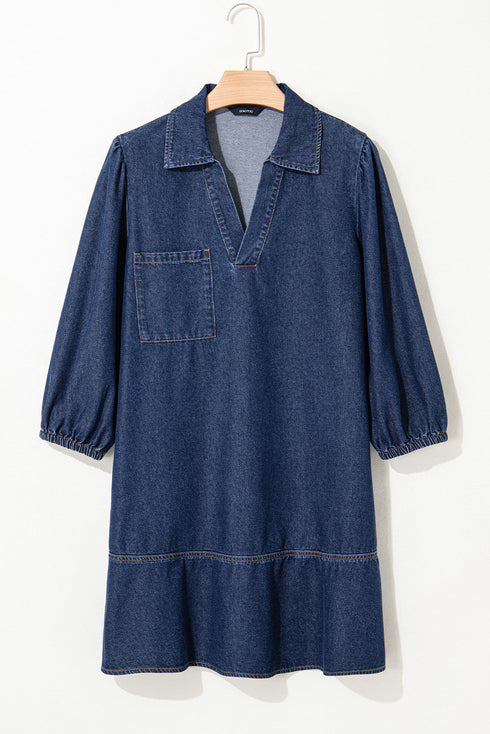 V Neck Collared Pocket Denim Ruffle Hem Mini Dress