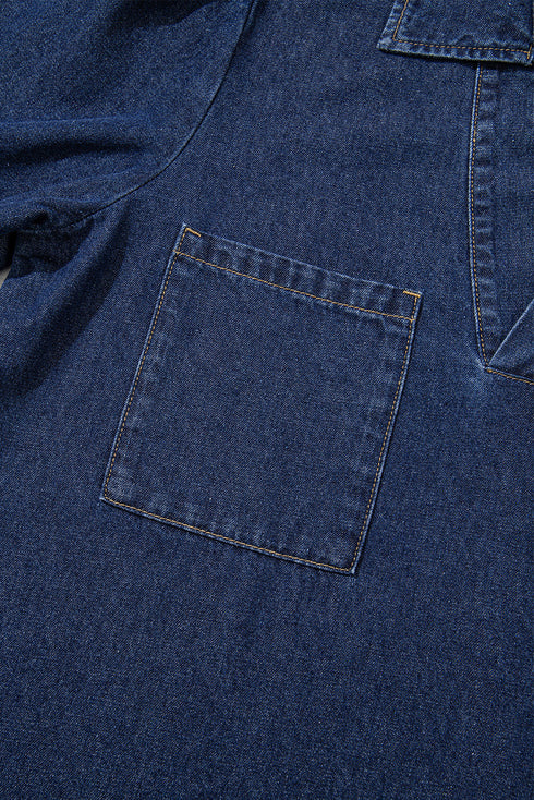 V Neck Collared Pocket Denim Ruffle Hem Mini Dress