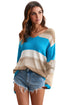 V Neck Colorblock Knitted Sweater With Hollow-Out