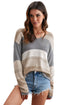 V Neck Colorblock Knitted Sweater With Hollow-Out