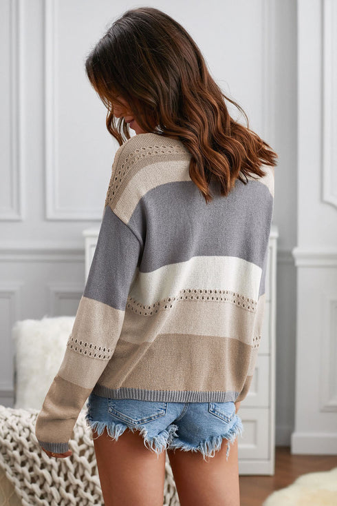 V Neck Colorblock Knitted Sweater With Hollow-Out