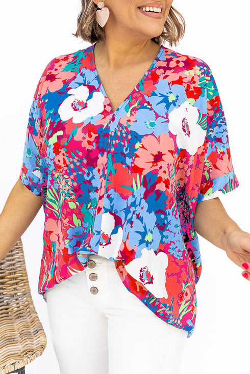 V Neck Dolman Sleeve Plus Size Floral Blouse