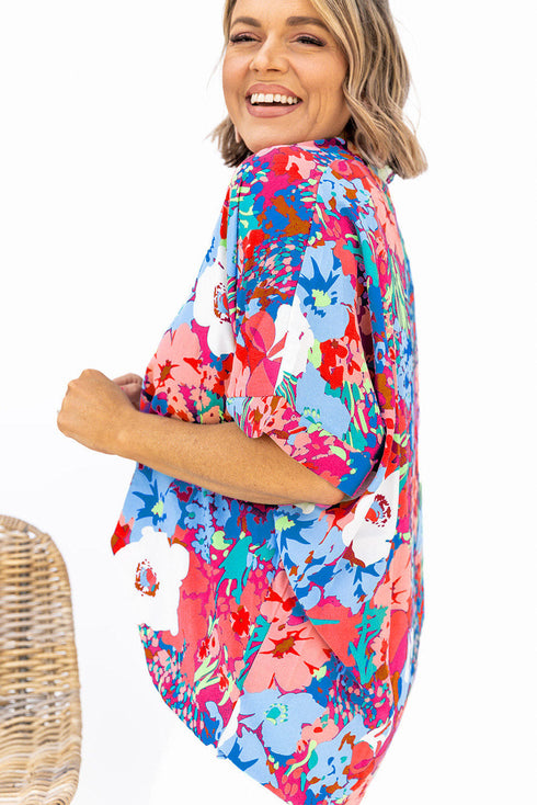 V Neck Dolman Sleeve Plus Size Floral Blouse