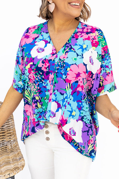 V Neck Dolman Sleeve Plus Size Floral Blouse