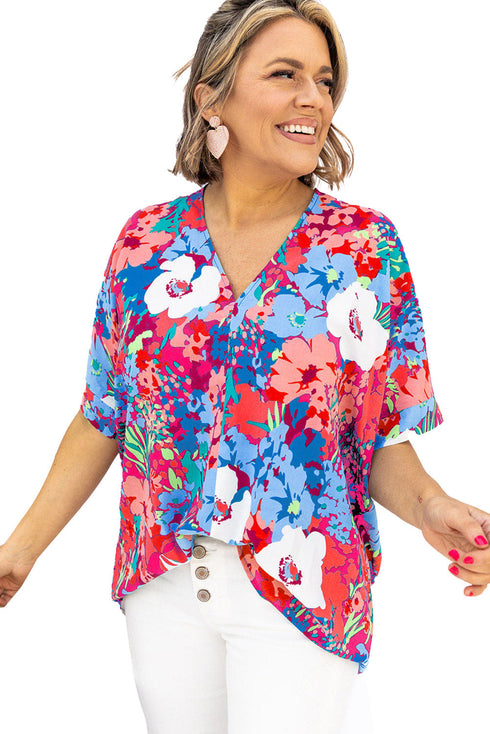 V Neck Dolman Sleeve Plus Size Floral Blouse