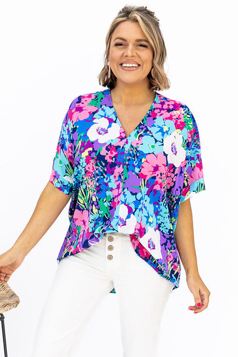 V Neck Dolman Sleeve Plus Size Floral Blouse