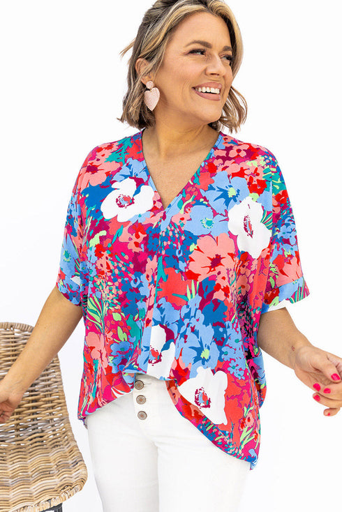 V Neck Dolman Sleeve Plus Size Floral Blouse