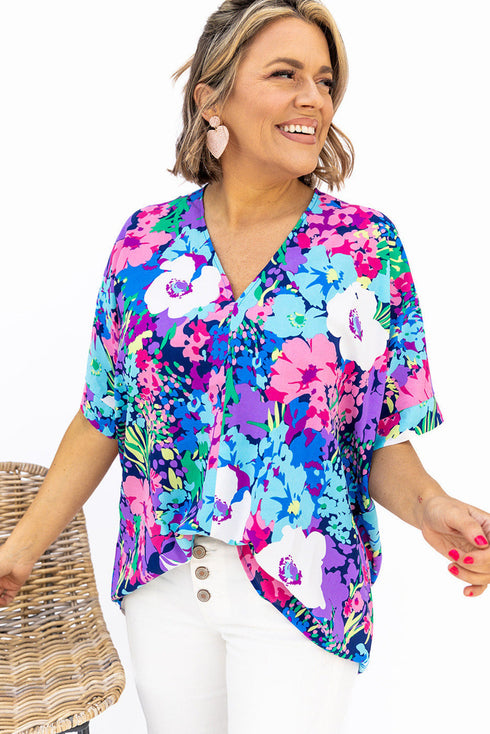 V Neck Dolman Sleeve Plus Size Floral Blouse