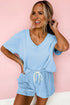 V Neck Drop Shoulder Tee and Patchwork Drawstring Shorts Set