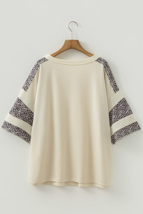 V Neck Exposed Seam Leopard Print Patchwork Plus Size Top