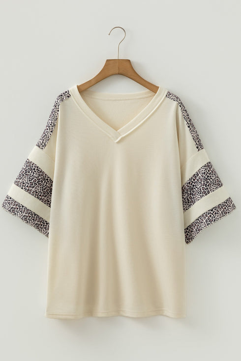 V Neck Exposed Seam Leopard Print Patchwork Plus Size Top