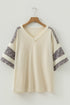 V Neck Exposed Seam Leopard Print Patchwork Plus Size Top