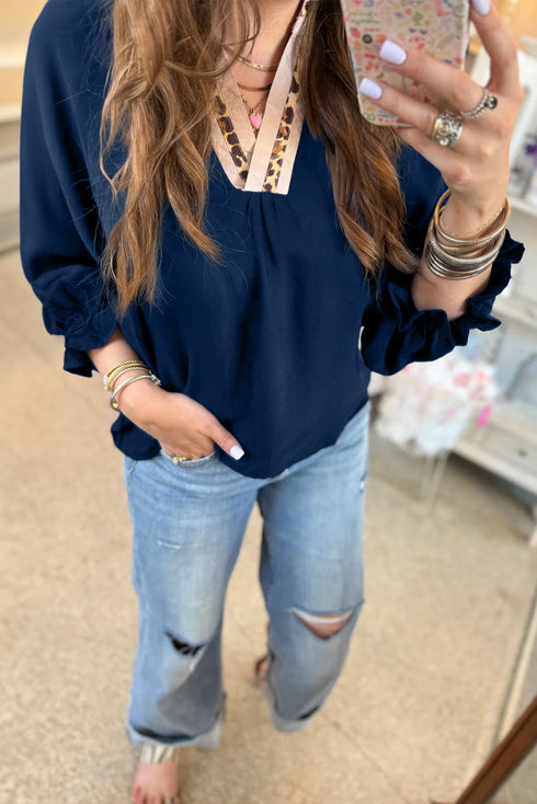 V Neck Flounce Sleeve Animal Print Trim Viscose Blouse