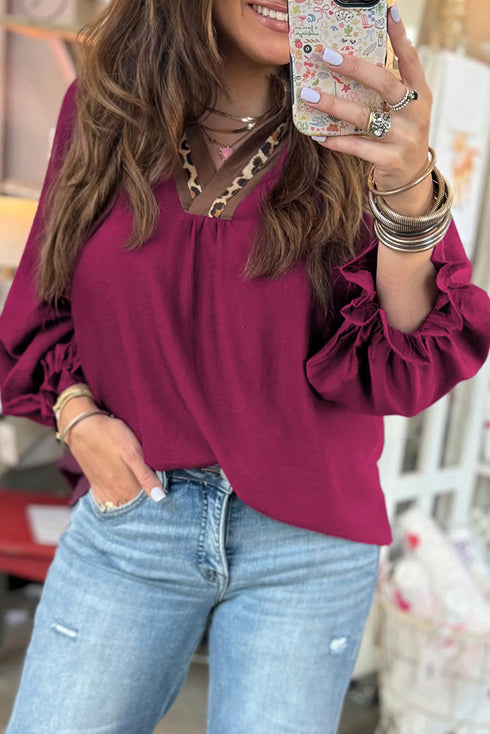 V Neck Flounce Sleeve Animal Print Trim Viscose Blouse