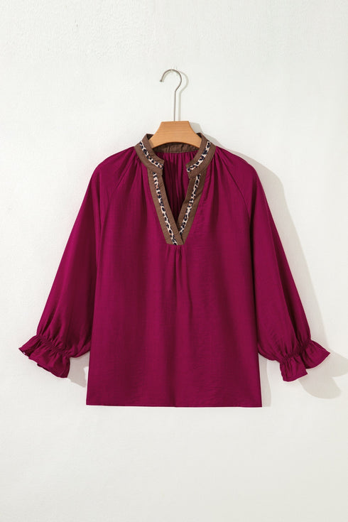 V Neck Flounce Sleeve Animal Print Trim Viscose Blouse