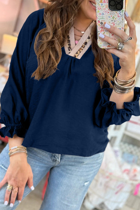 V Neck Flounce Sleeve Animal Print Trim Viscose Blouse