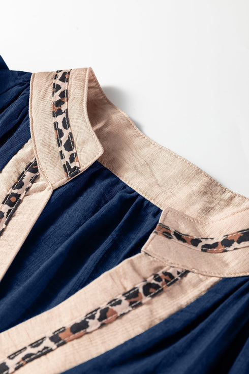 V Neck Flounce Sleeve Animal Print Trim Viscose Blouse
