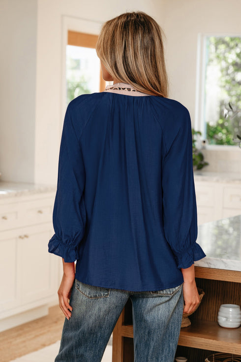 V Neck Flounce Sleeve Animal Print Trim Viscose Blouse