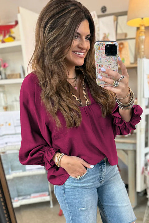 V Neck Flounce Sleeve Animal Print Trim Viscose Blouse