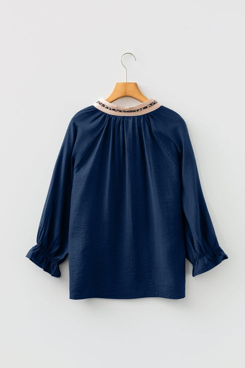 V Neck Flounce Sleeve Animal Print Trim Viscose Blouse