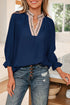 V Neck Flounce Sleeve Animal Print Trim Viscose Blouse