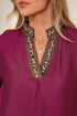 V Neck Flounce Sleeve Animal Print Trim Viscose Blouse