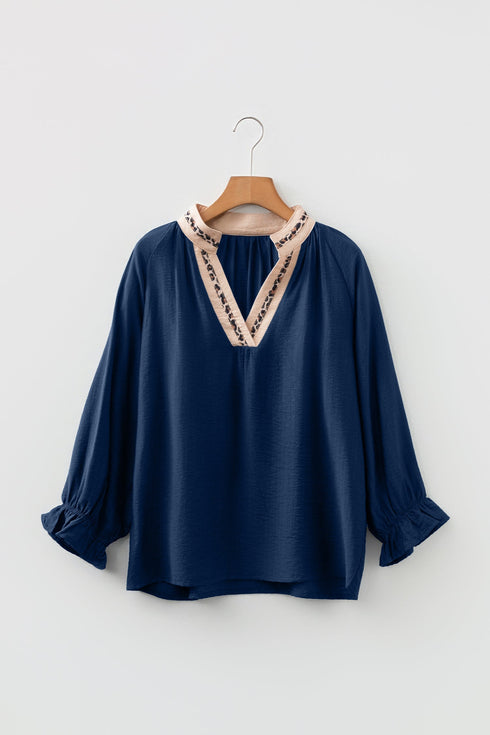 V Neck Flounce Sleeve Animal Print Trim Viscose Blouse