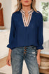 V Neck Flounce Sleeve Animal Print Trim Viscose Blouse