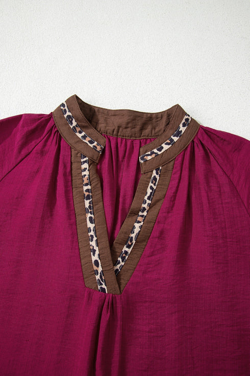V Neck Flounce Sleeve Animal Print Trim Viscose Blouse