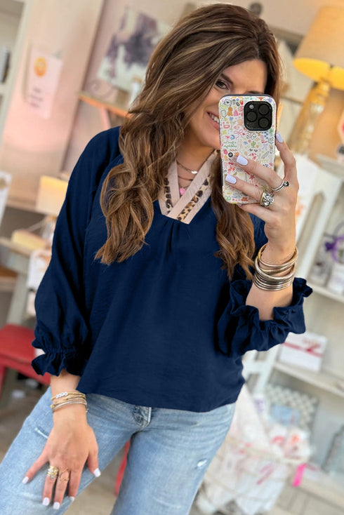 V Neck Flounce Sleeve Animal Print Trim Viscose Blouse