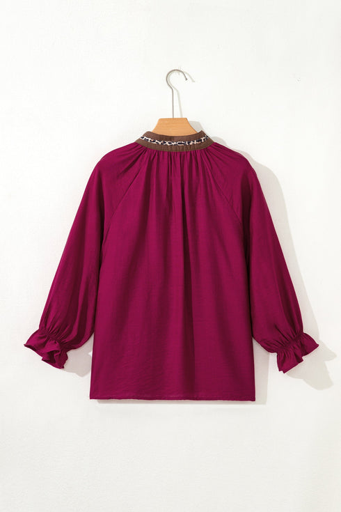 V Neck Flounce Sleeve Animal Print Trim Viscose Blouse