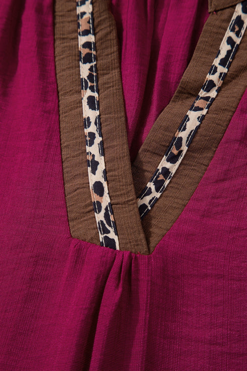 V Neck Flounce Sleeve Animal Print Trim Viscose Blouse