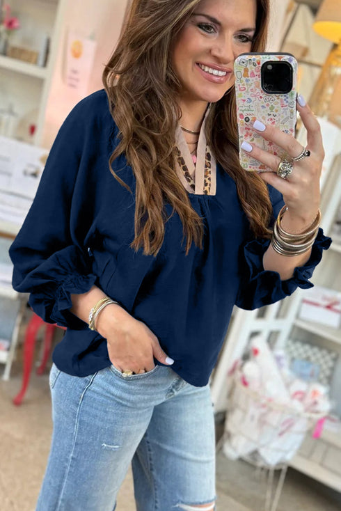 V Neck Flounce Sleeve Animal Print Trim Viscose Blouse