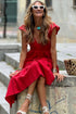 V Neck Flutter Sleeve Smocked Bodice High Waist Ruffle Maxi Dress