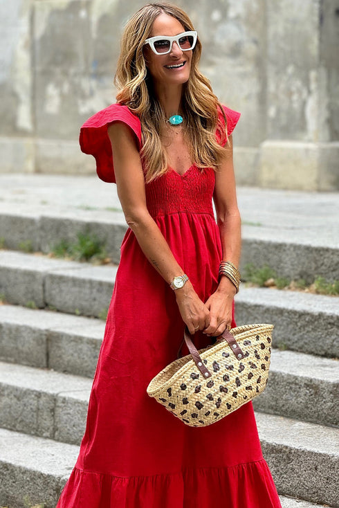 V Neck Flutter Sleeve Smocked Bodice High Waist Ruffle Maxi Dress