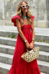 V Neck Flutter Sleeve Smocked Bodice High Waist Ruffle Maxi Dress