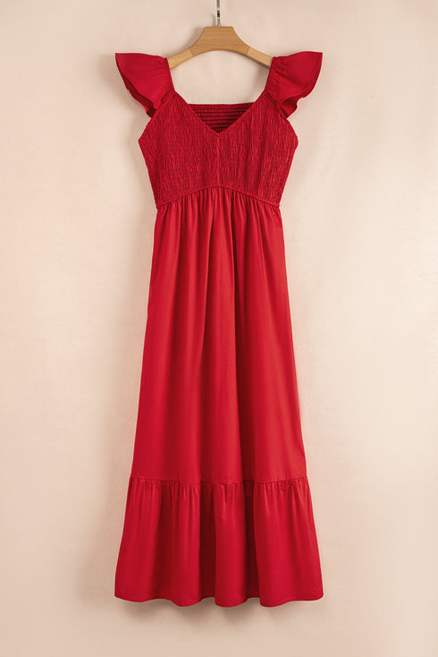 V Neck Flutter Sleeve Smocked Bodice High Waist Ruffle Maxi Dress