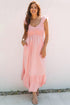 V Neck Flutter Sleeve Smocked Bodice High Waist Ruffle Maxi Dress