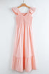 V Neck Flutter Sleeve Smocked Bodice High Waist Ruffle Maxi Dress