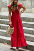 V Neck Flutter Sleeve Smocked Bodice High Waist Ruffle Maxi Dress