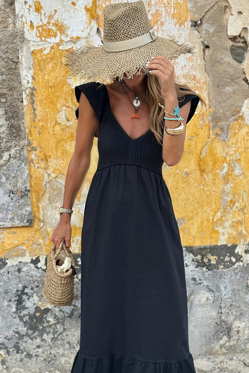 V Neck Flutter Sleeve Smocked Bodice High Waist Ruffle Maxi Dress