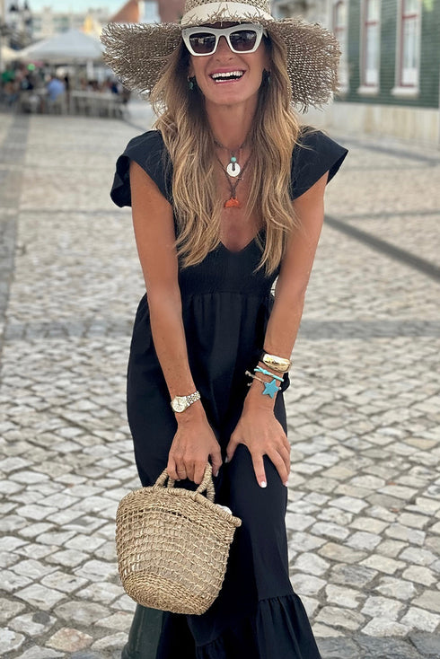 V Neck Flutter Sleeve Smocked Bodice High Waist Ruffle Maxi Dress