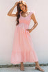 V Neck Flutter Sleeve Smocked Bodice High Waist Ruffle Maxi Dress