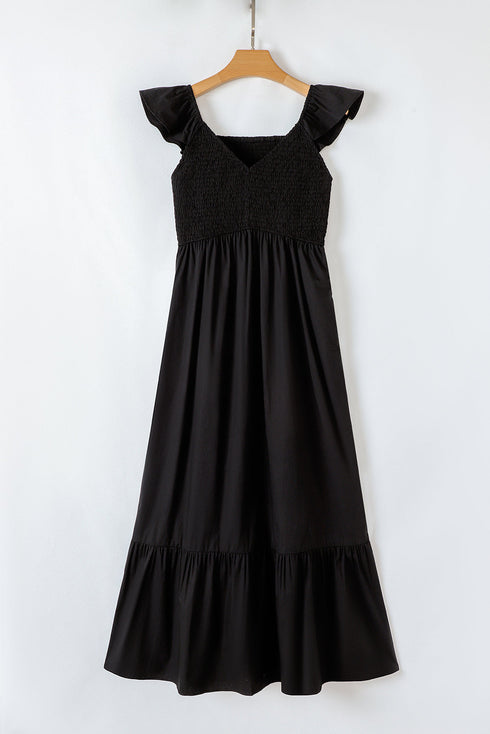 V Neck Flutter Sleeve Smocked Bodice High Waist Ruffle Maxi Dress