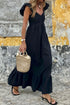 V Neck Flutter Sleeve Smocked Bodice High Waist Ruffle Maxi Dress